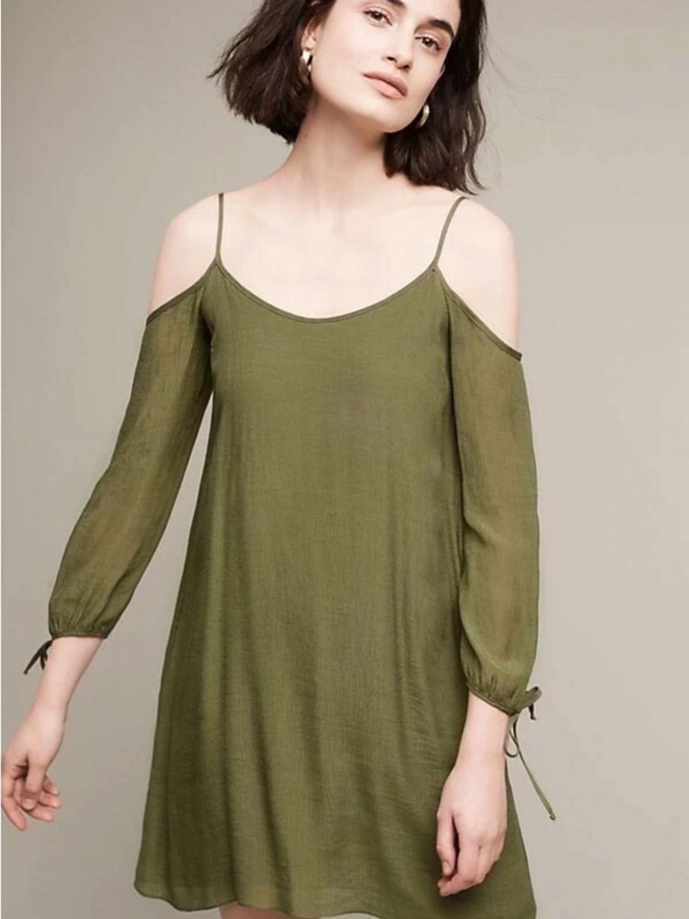 Amadi Anthropologie Dress olive green open shoulder XS Petite Festival summer